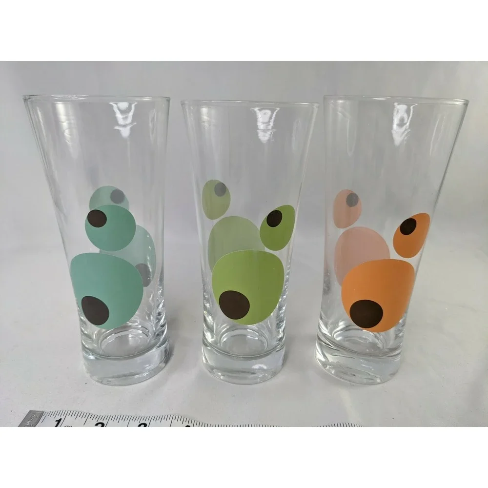 Drinking Glass Tumbler Orange Green Circles Olives About‎ 7 Inch